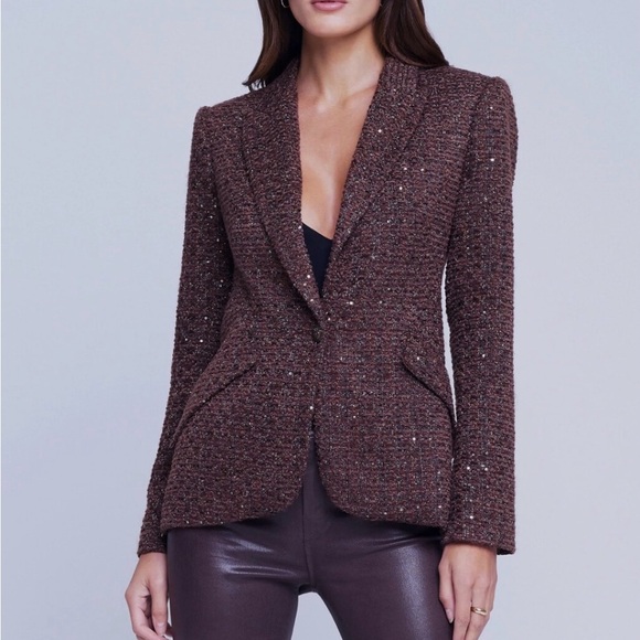 L'AGENCE Chamberlain Sequin Tweed Blazer In Brown, Size 0